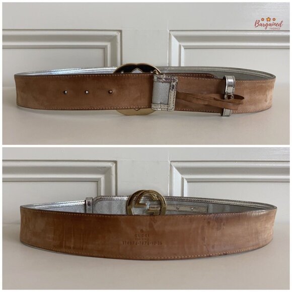 Auth Gucci Silver Monogram Canvas Leather Gold Interlocking G Buckle Belt 90/36 main image 11